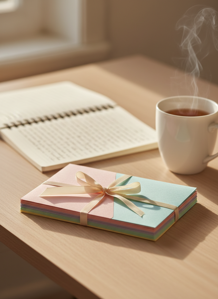 A neatly stacked pile of pastel-colored envelopes tied together with a thin, cream satin ribbon, resting on a light wooden desk beside an open, lined notebook filled with small, handwritten sentences that are just out of focus. A ceramic mug of herbal tea releases a faint trail of steam nearby. Soft morning light filters in from an unseen window to the left, casting gentle, elongated shadows and a calm, golden glow. Photographic realism with a clean, modern aesthetic, shot at eye level with shallow depth of field, keeps the envelopes sharply in focus while the background blurs into a soothing, supportive atmosphere, suggesting quiet encouragement and reflective letter-writing.