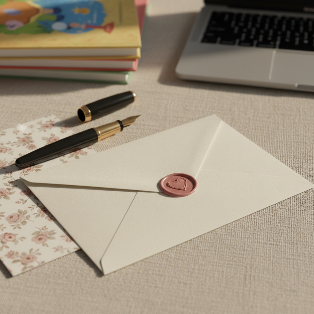 A single cream-colored envelope with a small heart-shaped wax seal lying on a textured linen cloth, next to an uncapped fountain pen and a folded, floral-patterned card peeking slightly out. Behind it, a blurred stack of children’s picture books and a closed laptop hint at busy daily life beyond the frame. Soft, diffused afternoon light from the right creates subtle highlights on the wax seal and a warm, comforting ambience. Photographic realism, shot from a slightly elevated angle using the rule of thirds, with a gentle bokeh background to emphasize the letter as a focused moment of encouragement amid everyday chaos.